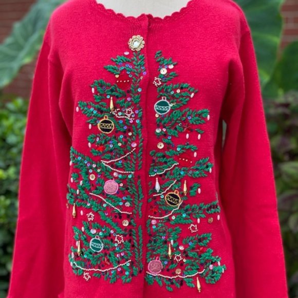 Victoria Jones Woman Christmas Beaded Sweater Small Red Cardigan Grandma Ugly - Picture 1 of 13